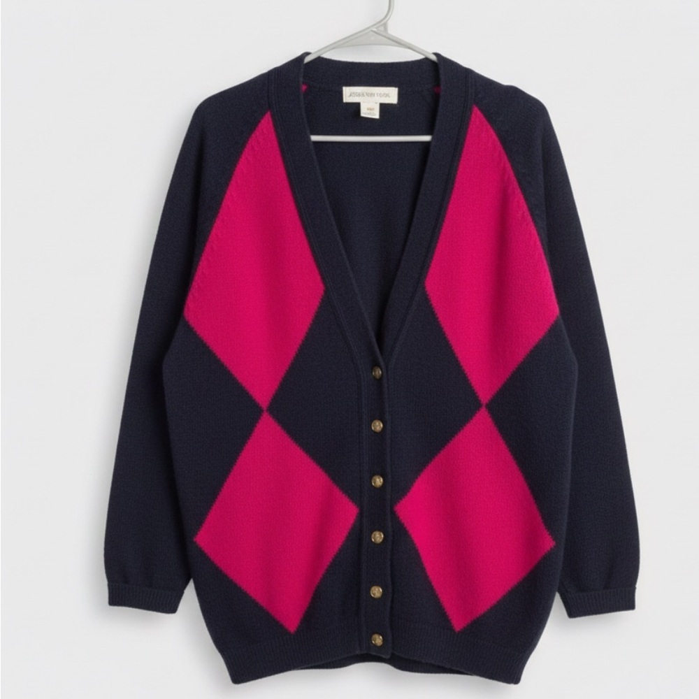Vintage Jones New York 80’s Pink Wool Blend Argyle Grandpa Cardigan Women's S - Picture 3 of 6
